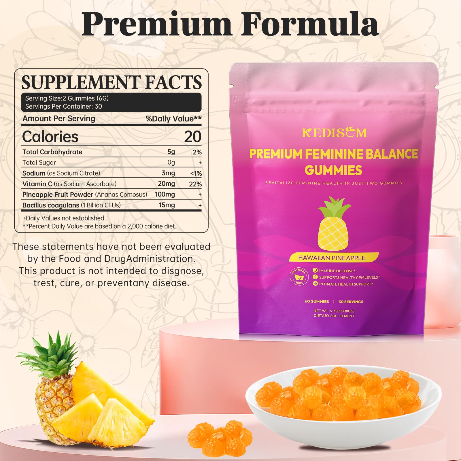 KEDISOM Premium Feminine Balance Gummies - for Women’s Health & Wellness - Immune Support - Vegan, Gluten-Free - Hawaiian Pineapple - 60 Gummies - 30 Servings - TrustMedUSA