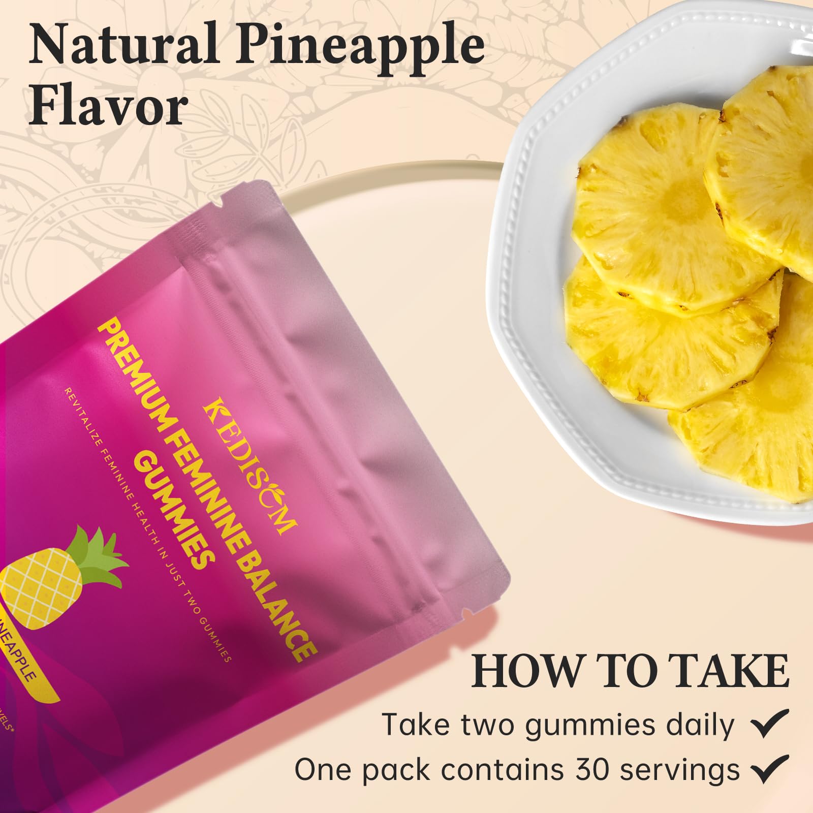 KEDISOM Premium Feminine Balance Gummies - for Women’s Health & Wellness - Immune Support - Vegan, Gluten-Free - Hawaiian Pineapple - 60 Gummies - 30 Servings - TrustMedUSA