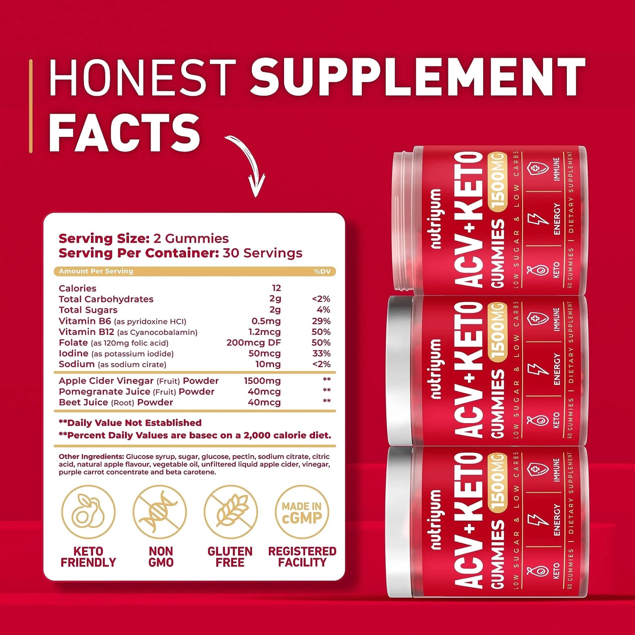 Keto ACV Gummies 1500 mg - Gelatin-Free Apple Cider Vinegar Gummies - Low Carbs - TrustMedUSA
