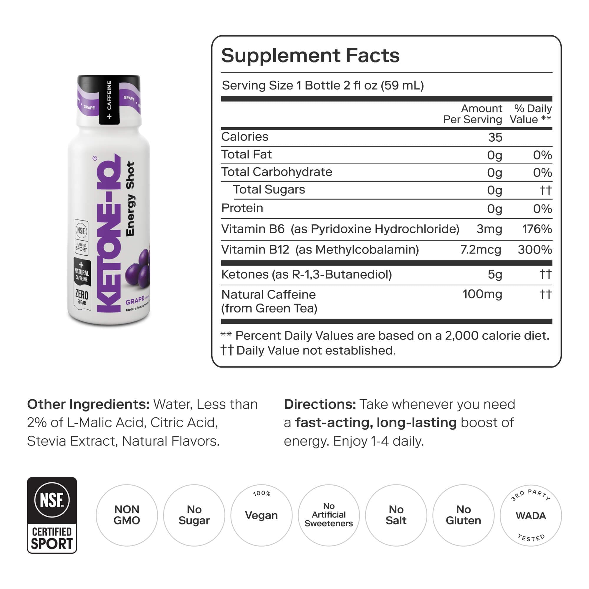 Ketone-IQ Caffeine Performance Energy Shots – Clean Energy for Focus & Endurance, 5g Ketones, 100mg Green Tea Caffeine, B Vitamins, 12 Pack (Grape) - TrustMedUSA