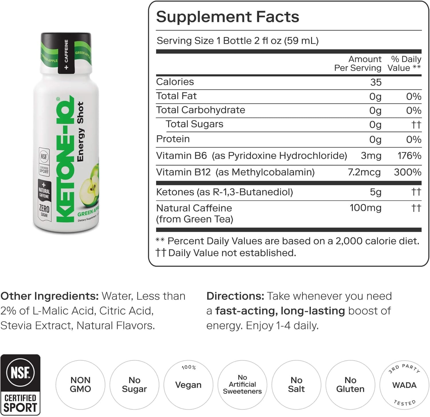 Ketone-IQ Caffeine Performance Energy Shots – Clean Energy for Focus & Endurance, 5g Ketones, 100mg Green Tea Caffeine, B Vitamins, 12 Pack (Green Apple) - TrustMedUSA