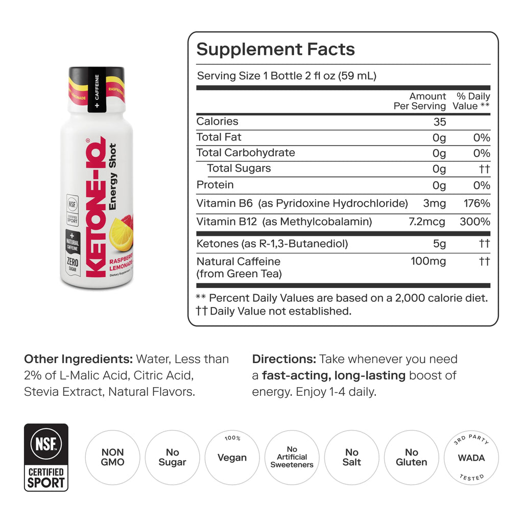Ketone-IQ Exogenous Ketone Energy Shots with Caffeine - 12 Pack of Green Tea Caffeine Shots with 5g Bioidentical Ketones and B Vitamins - Fast Acting, On The Go Clean Energy Drink (Raspberry Lemonade) - TrustMedUSA