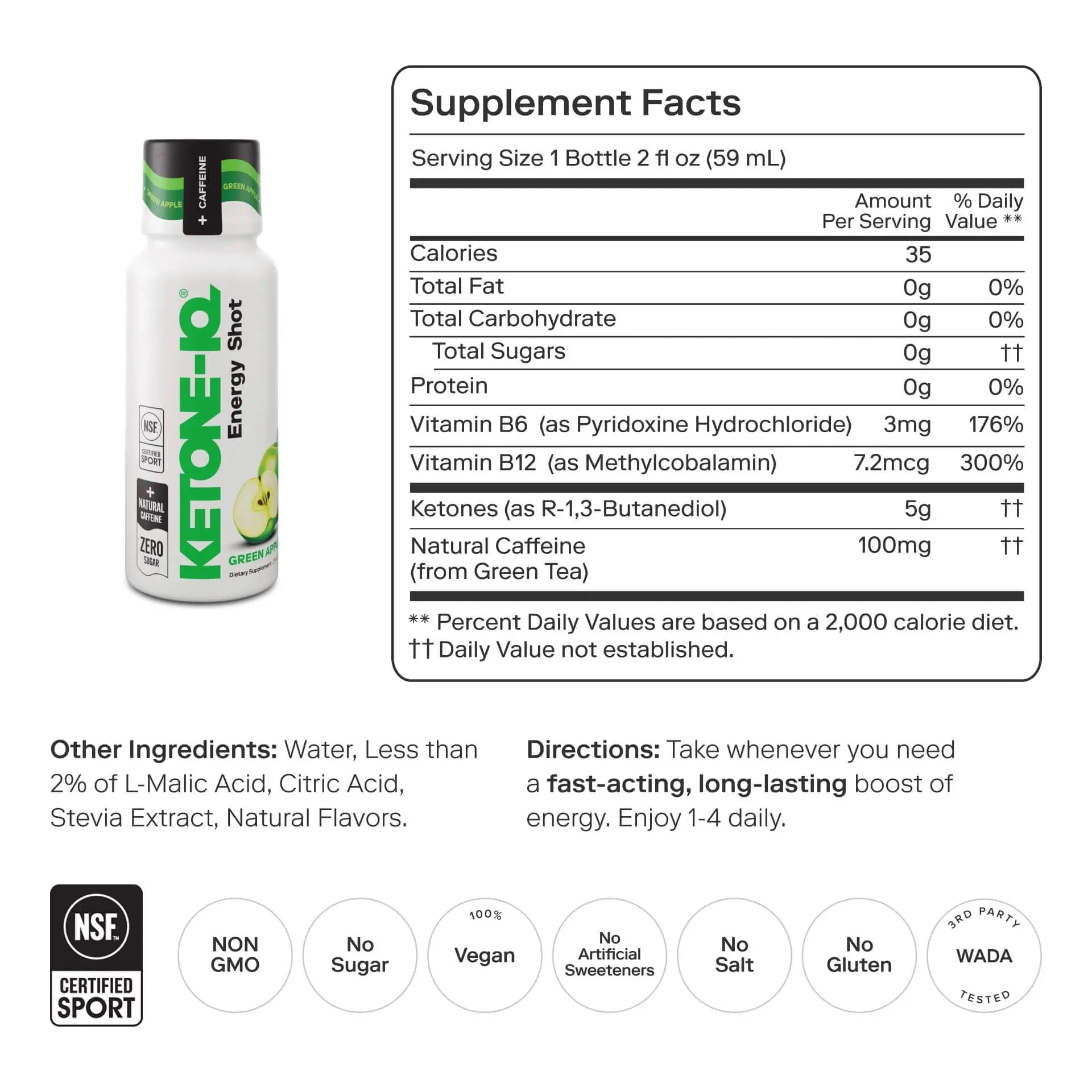 Ketone-IQ Ketone Energy Shots - 100mg Green Tea Caffeine, 5g Exogenous Ketones, and B Vitamins - 24 On The Go Caffeine Shots - Fast Acting Energy Drink (Green Apple) - TrustMedUSA