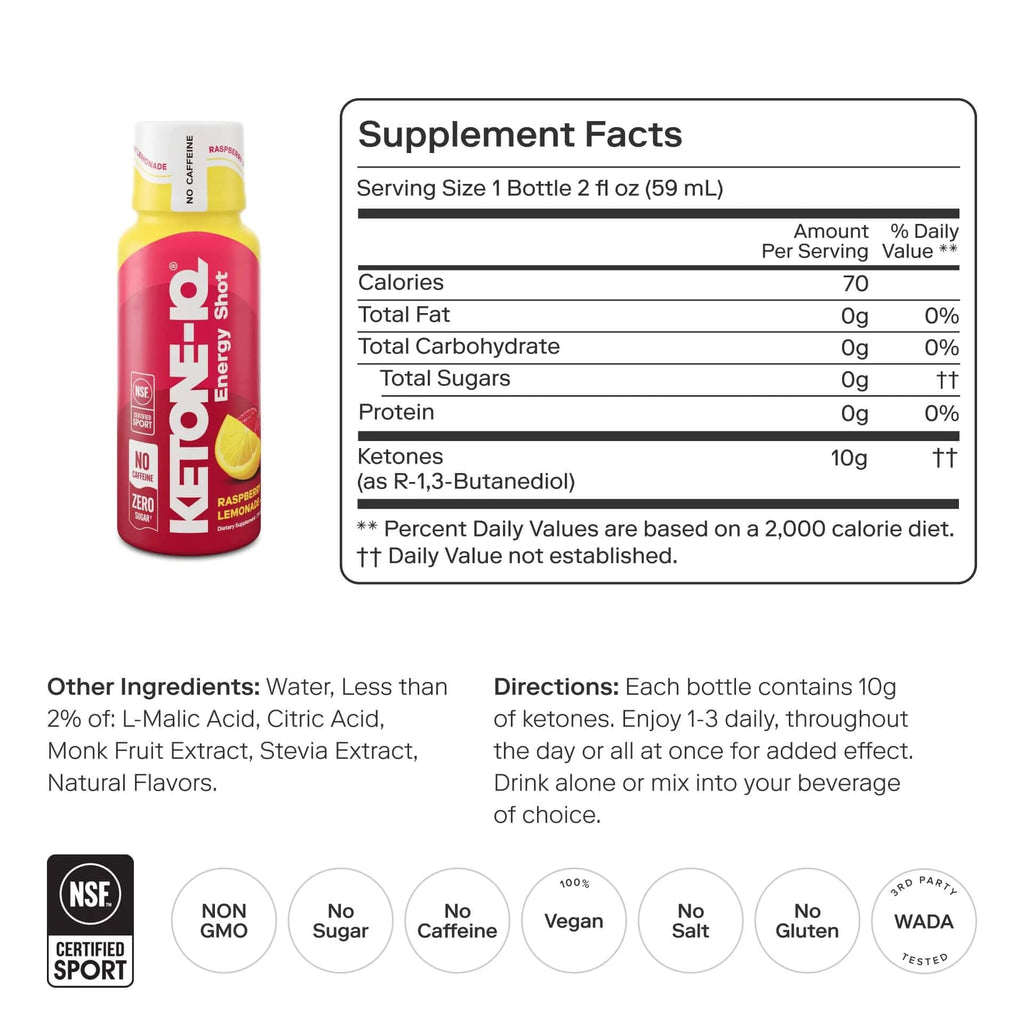 Ketone-IQ No Caffeine Performance Energy Shots – Ketone Fuel for Focus & Endurance, Metabolism Support, 10g Ketones, 12 Pack (Raspberry Lemonade) - TrustMedUSA
