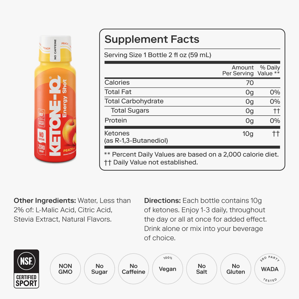Ketone-IQ No Caffeine Performance Energy Shots – Ketone Fuel for Focus & Endurance, Metabolism Support, 10g Ketones, 24 Pack (Peach) - TrustMedUSA
