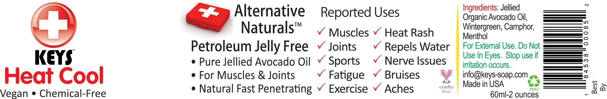 Keys Heat Cool Vegan, Chemical-Free, All Natural Therapy for Muscle Aches, Joints, and Sports Injuries made with Pure Organic Avocado Oil, Camphor, Menthol, and Wintergreen, No Petrolatum, 2 ounces - TrustMedUSA