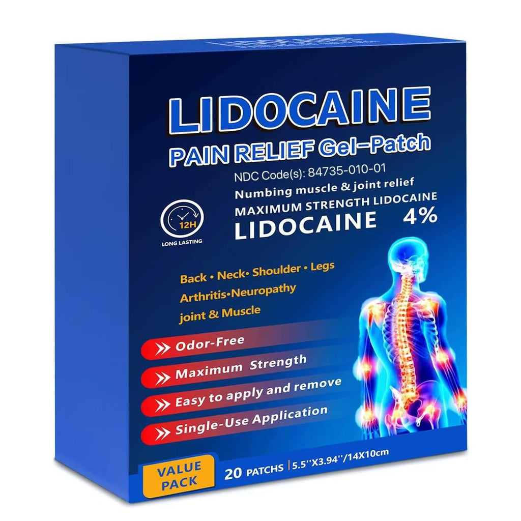 KIbabyDI Professional Lidocaine Pain Relief Patches - 20 Count | 4% Medicated Gel Patches for Targeted Joint & Muscle Comfort | Long-Lasting 12-Hour Relief, Ultra-Flexible Design -lb234 - TrustMedUSA