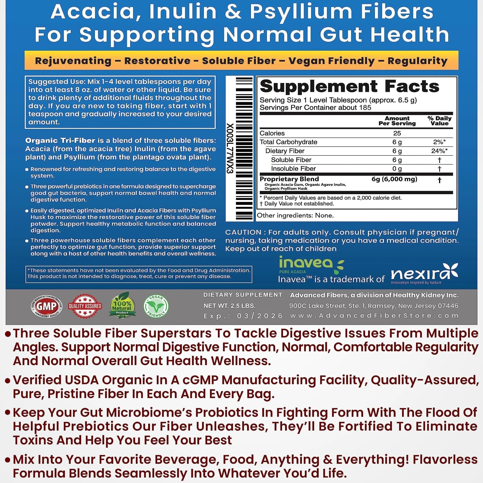 Kidney Restore Tri-Fiber Organic Soluble Fiber Powder, Unflavored High Fiber 3-in-1 - TrustMedUSA