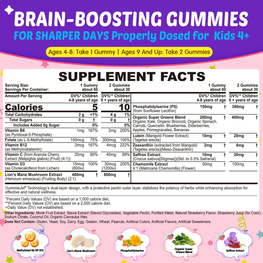 Kids Brain Gummies with Lion's Mane Mushroom, Methyl B6, B9, B12, Supper Greens, Lutein, Brain Booster Supplement for Focus & Attention, Cognitive Function, Vision & Energy, Sugar Free, Vegan 2 Pack - TrustMedUSA