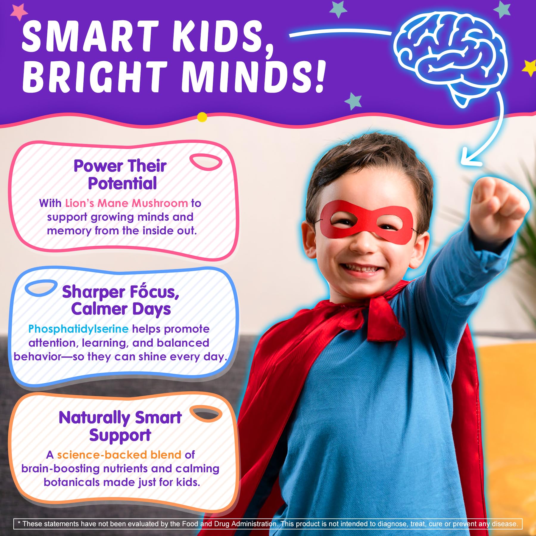Kids Brain Gummies with Lion's Mane Mushroom, Methyl B6, B9, B12, Supper Greens, Lutein, Brain Booster Supplement for Focus & Attention, Cognitive Function, Vision & Energy, Sugar Free, Vegan 2 Pack - TrustMedUSA