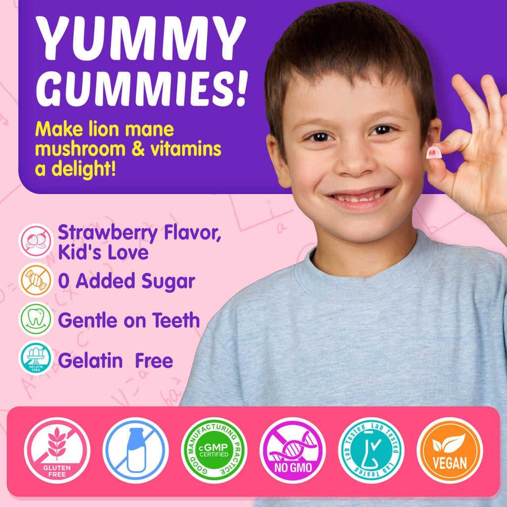 Kids Brain Gummies with Lion's Mane Mushroom, Methyl B6, B9, B12, Supper Greens, Lutein, Brain Booster Supplement for Focus & Attention, Cognitive Function, Vision & Energy, Sugar Free, Vegan 2 Pack - TrustMedUSA