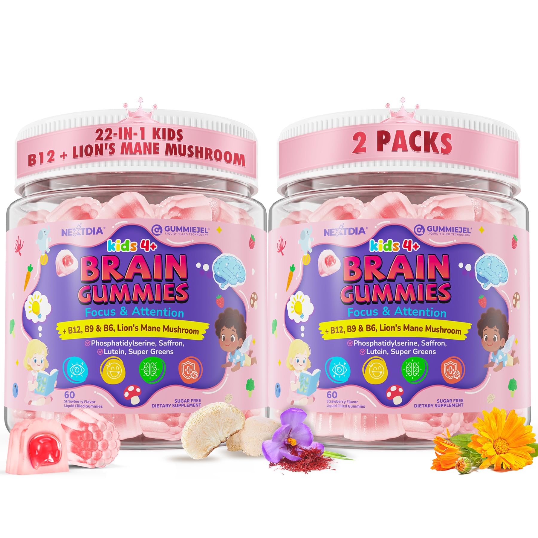 Kids Brain Gummies with Lion's Mane Mushroom, Methyl B6, B9, B12, Supper Greens, Lutein, Brain Booster Supplement for Focus & Attention, Cognitive Function, Vision & Energy, Sugar Free, Vegan 2 Pack - TrustMedUSA