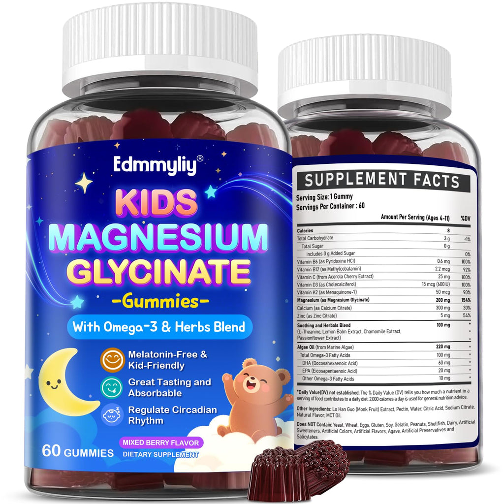 Kids Magnesium Glycinate Gummies - Magnesium Glycinate Supplement 200mg with L-theanine Omega-3 Calcium Vitamin D3 & B12 for Kids Natural Zzz at Bedtime & Overall Health - TrustMedUSA
