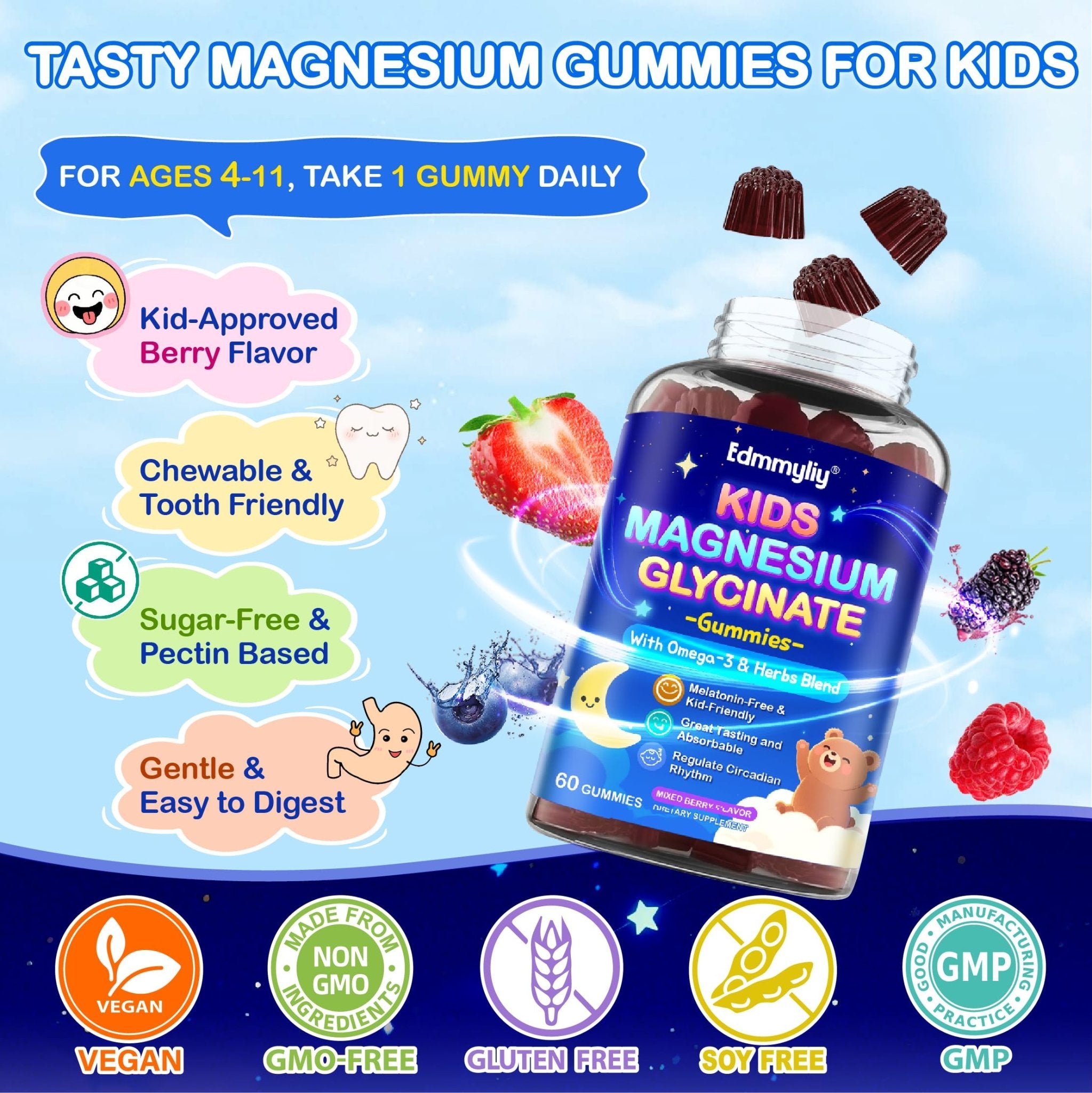 Kids Magnesium Glycinate Gummies - Magnesium Glycinate Supplement 200mg with L-theanine Omega-3 Calcium Vitamin D3 & B12 for Kids Natural Zzz at Bedtime & Overall Health - TrustMedUSA
