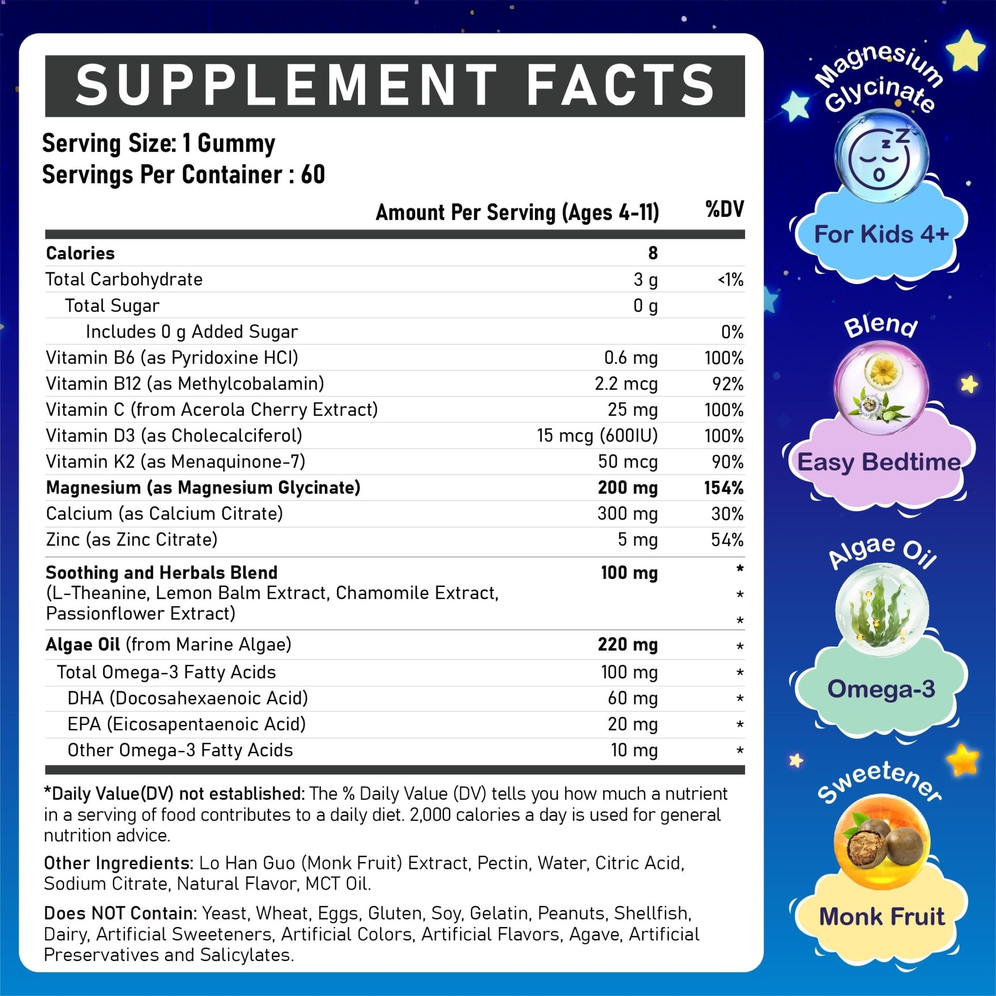 Kids Magnesium Glycinate Gummies - Magnesium Glycinate Supplement 200mg with L-theanine Omega-3 Calcium Vitamin D3 & B12 for Kids Natural Zzz at Bedtime & Overall Health - TrustMedUSA