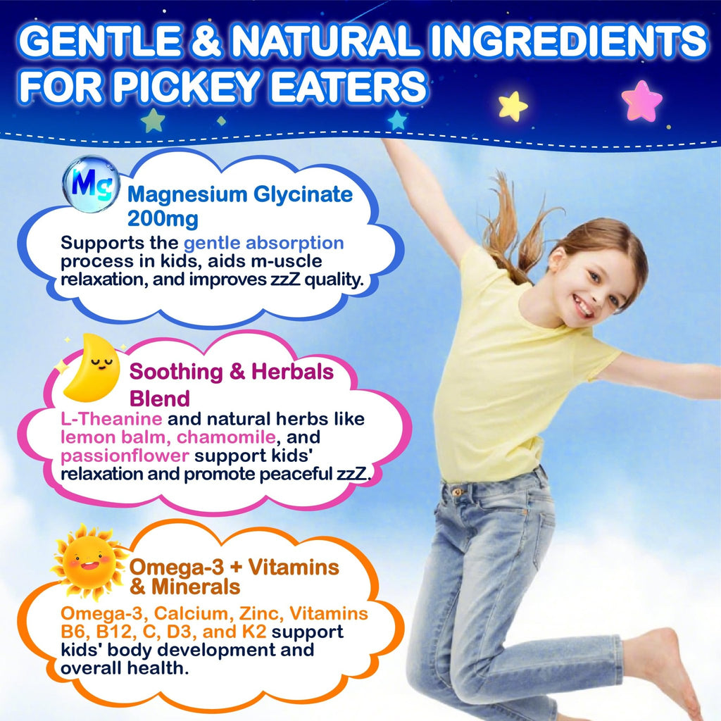Kids Magnesium Glycinate Gummies - Magnesium Glycinate Supplement 200mg with L-theanine Omega-3 Calcium Vitamin D3 & B12 for Kids Natural Zzz at Bedtime & Overall Health - TrustMedUSA