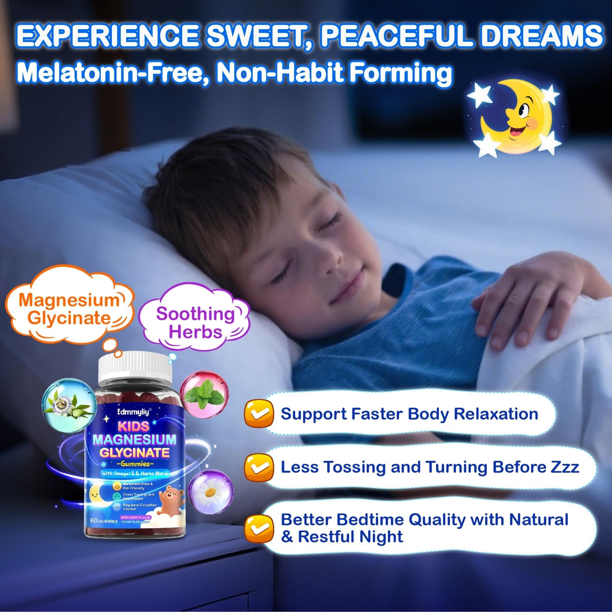 Kids Magnesium Glycinate Gummies - Magnesium Glycinate Supplement 200mg with L-theanine Omega-3 Calcium Vitamin D3 & B12 for Kids Natural Zzz at Bedtime & Overall Health - TrustMedUSA