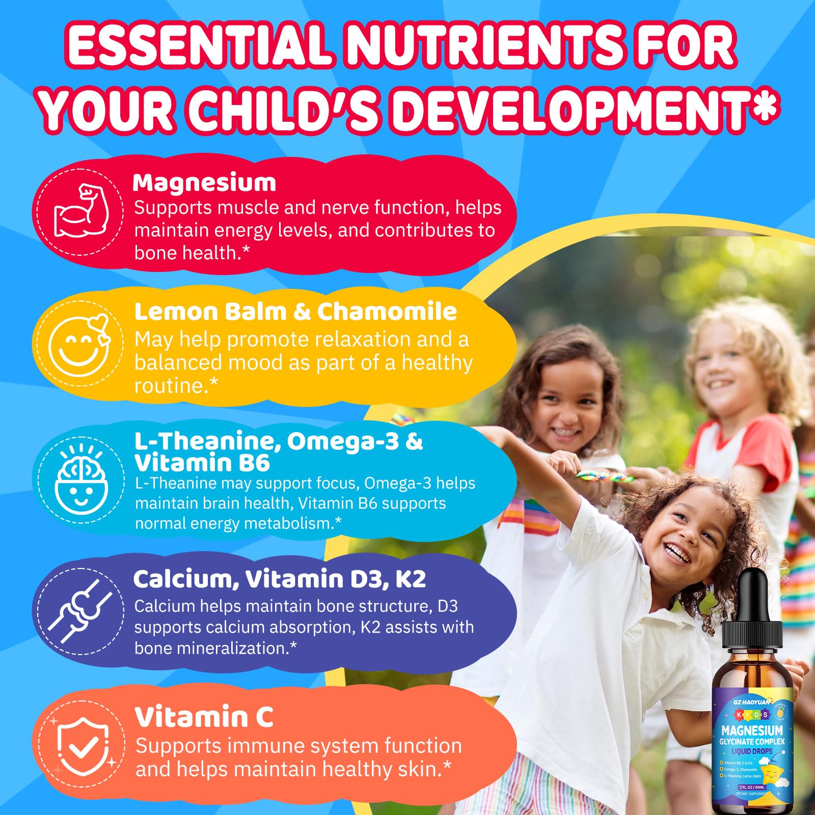 Kids Magnesium Glycinate Liquid Drops‌ – with L-Theanine, Omega-3, Vitamins B6 & D3, Zinc & Calcium – for Sleep Support, Relaxation, Focus & Brain, Bones – Strawberry Flavor, 2 Fl Oz - TrustMedUSA