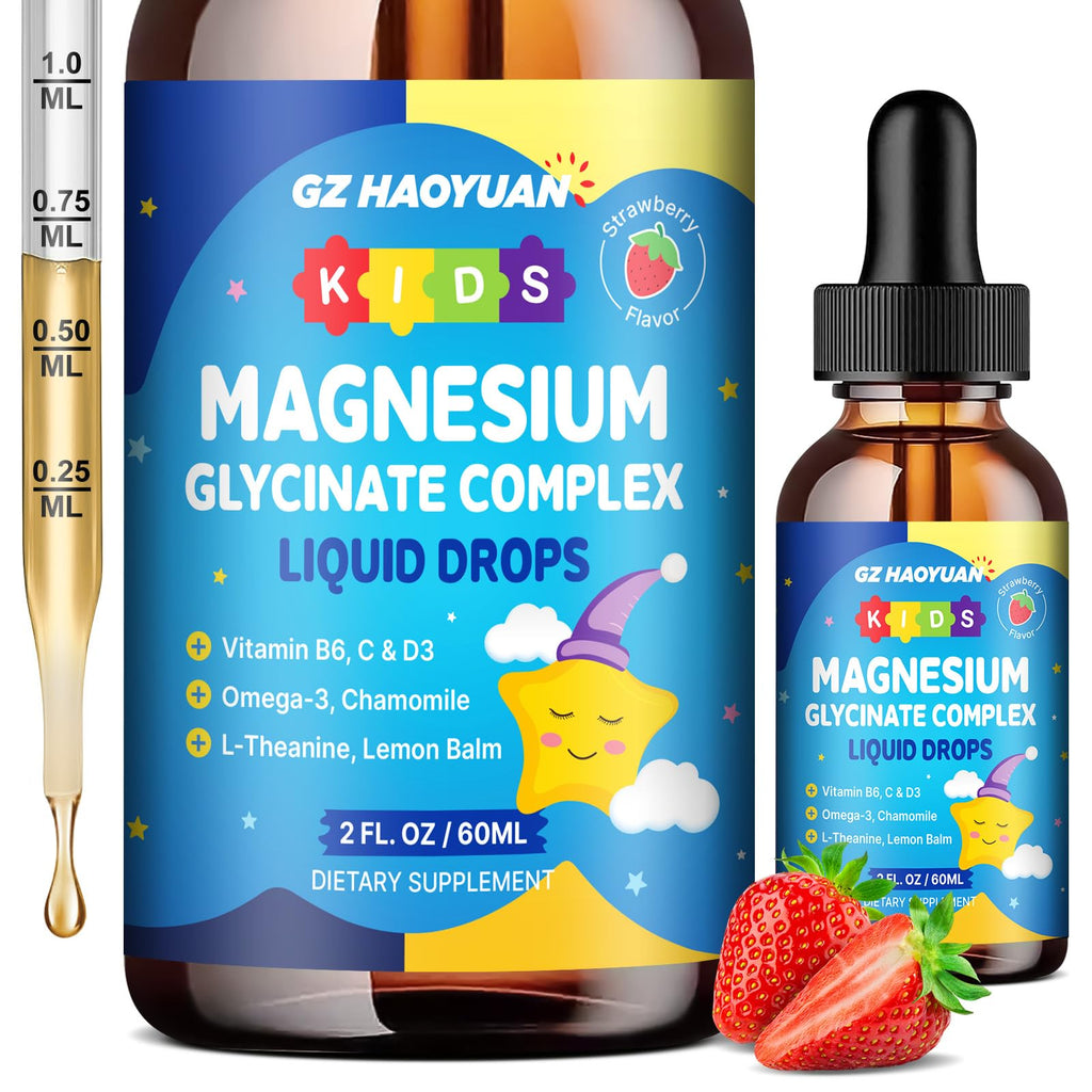 Kids Magnesium Glycinate Liquid Drops‌ – with L-Theanine, Omega-3, Vitamins B6 & D3, Zinc & Calcium – for Sleep Support, Relaxation, Focus & Brain, Bones – Strawberry Flavor, 2 Fl Oz - TrustMedUSA