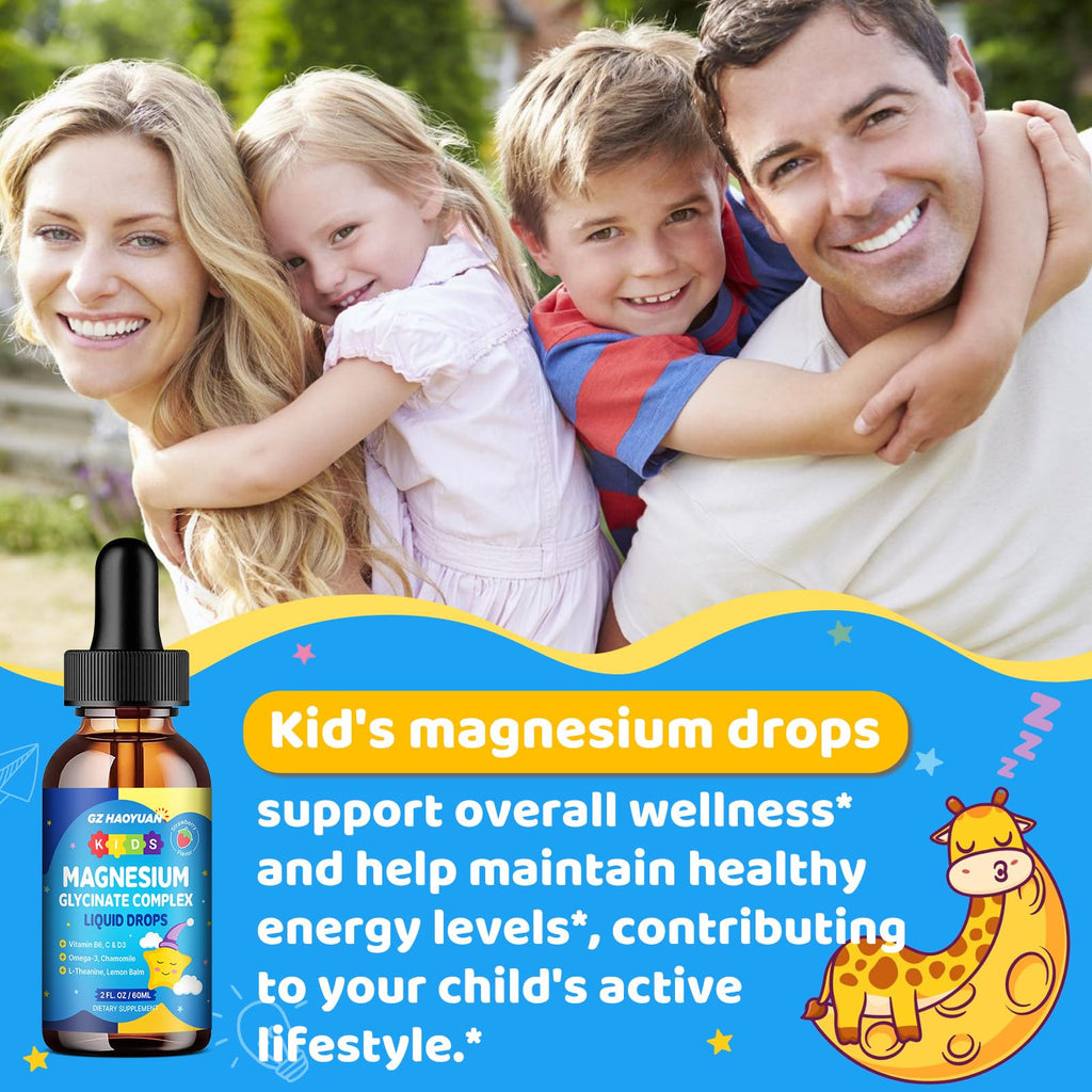 Kids Magnesium Glycinate Liquid Drops‌ – with L-Theanine, Omega-3, Vitamins B6 & D3, Zinc & Calcium – for Sleep Support, Relaxation, Focus & Brain, Bones – Strawberry Flavor, 2 Fl Oz - TrustMedUSA