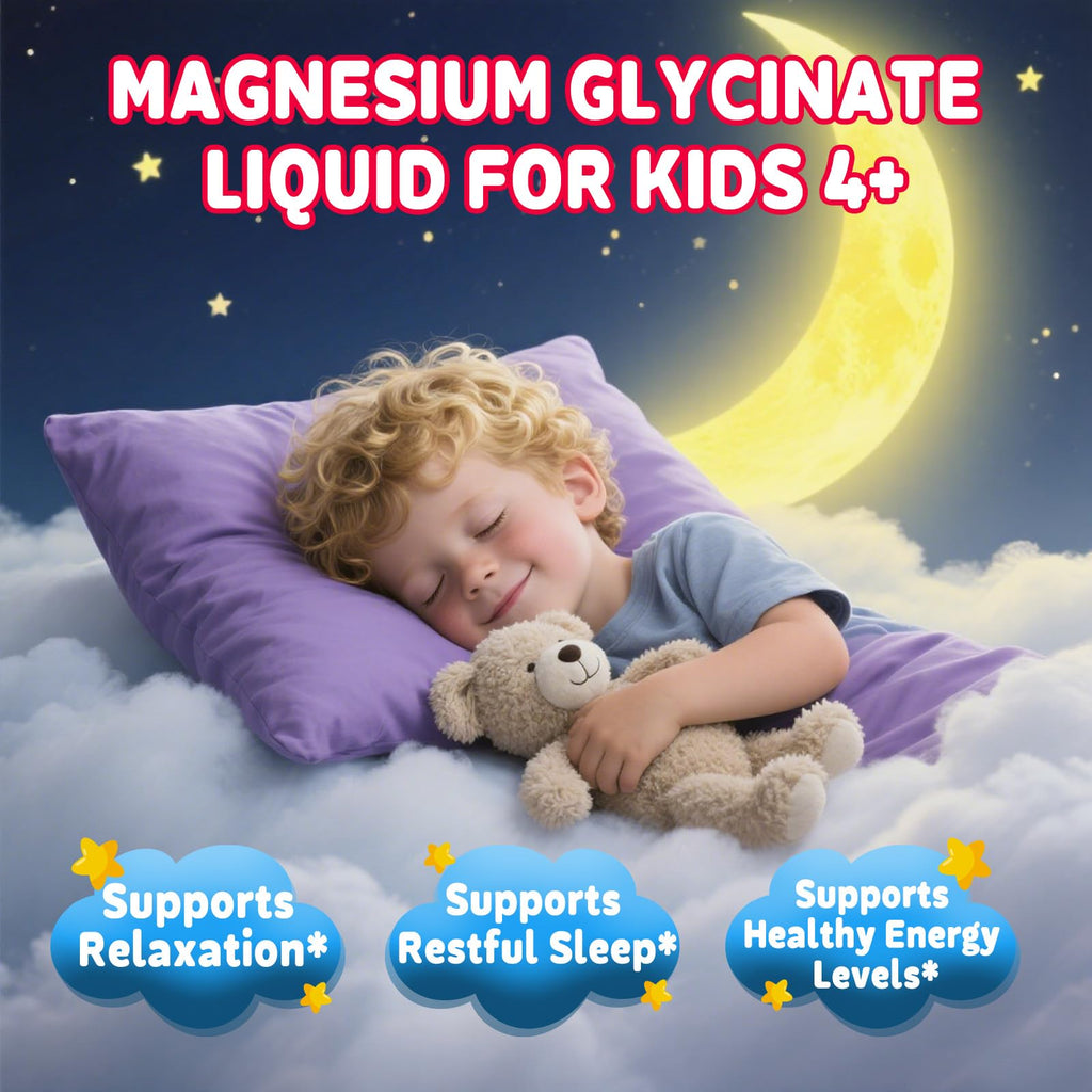 Kids Magnesium Glycinate Liquid Drops‌ – with L-Theanine, Omega-3, Vitamins B6 & D3, Zinc & Calcium – for Sleep Support, Relaxation, Focus & Brain, Bones – Strawberry Flavor, 2 Fl Oz - TrustMedUSA