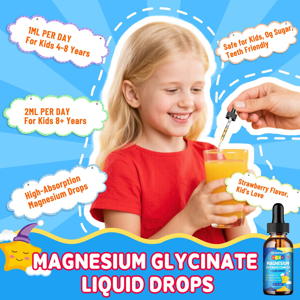 Kids Magnesium Glycinate Liquid Drops‌ – with L-Theanine, Omega-3, Vitamins B6 & D3, Zinc & Calcium – for Sleep Support, Relaxation, Focus & Brain, Bones – Strawberry Flavor, 2 Fl Oz - TrustMedUSA
