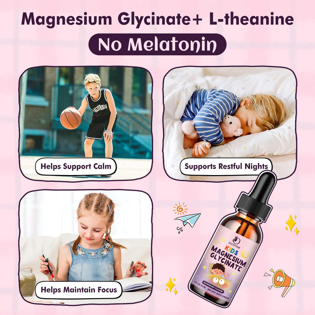 Kids Magnesium Glycinate Sleep Liquid Drops – Sleep & Calm Support with L-Theanine – Melatonin-Free, Sugar-Free Vegan Raspberry Supplement – 2 Bottles, 30ml Each - TrustMedUSA