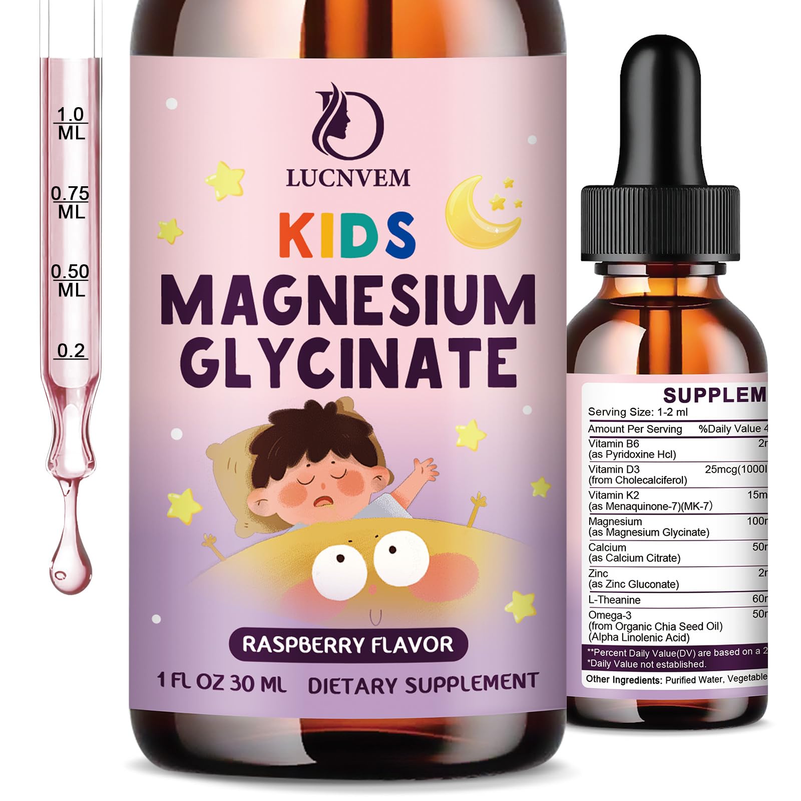 Kids Magnesium Glycinate Sleep Liquid Drops – Sleep & Calm Support with L-Theanine – Melatonin-Free, Sugar-Free Vegan Raspberry Supplement – 2 Bottles, 30ml Each - TrustMedUSA