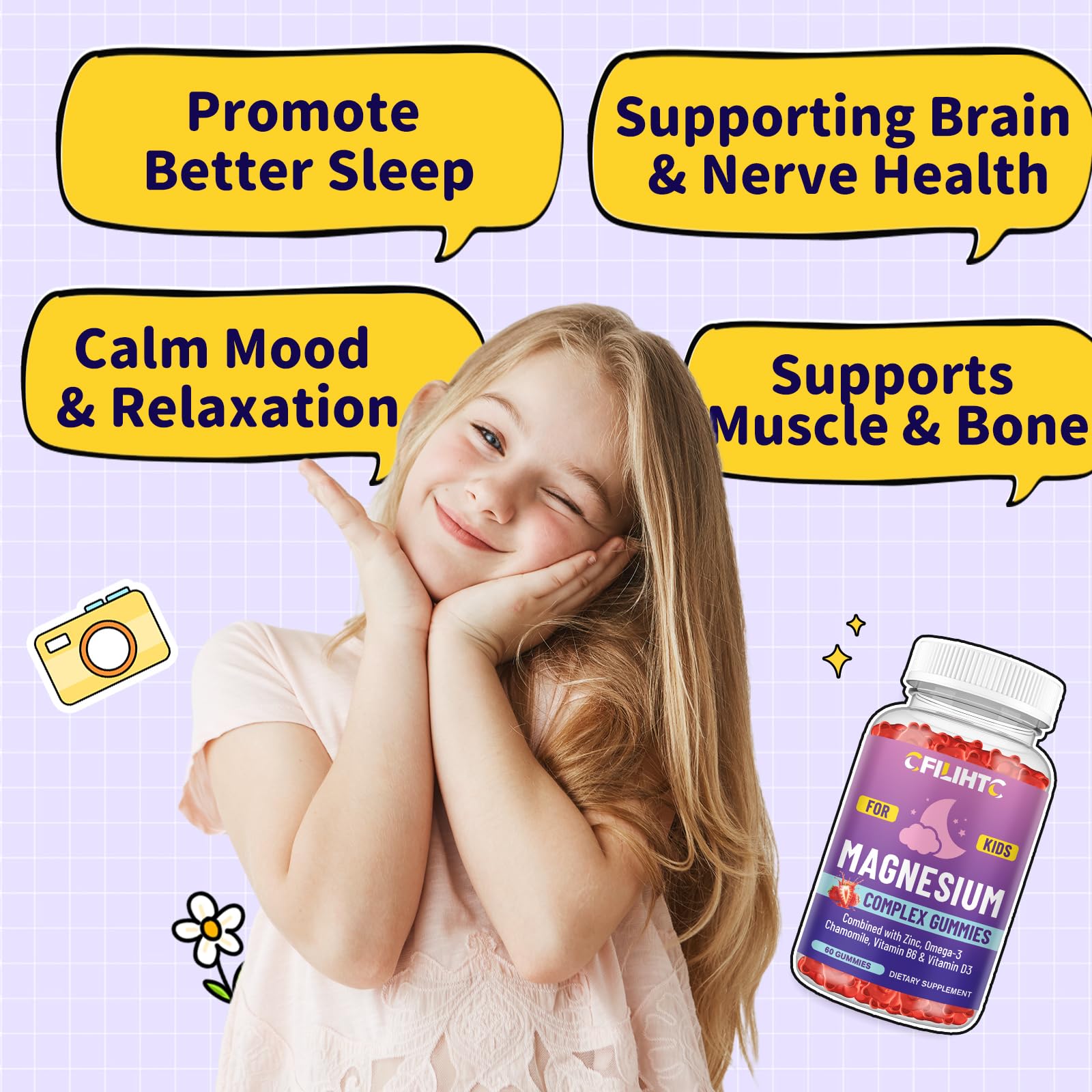 Kids Magnesium Gummies-Magnesium Glycinate Gummies for Kids Supplement-w/Zinc, Chamomile, Omega-3, Vitamin B6, D3 - for Sleep, Relaxation, Brain, Bones, Children's Calm, Sugar Free Strawberry 60ct - TrustMedUSA