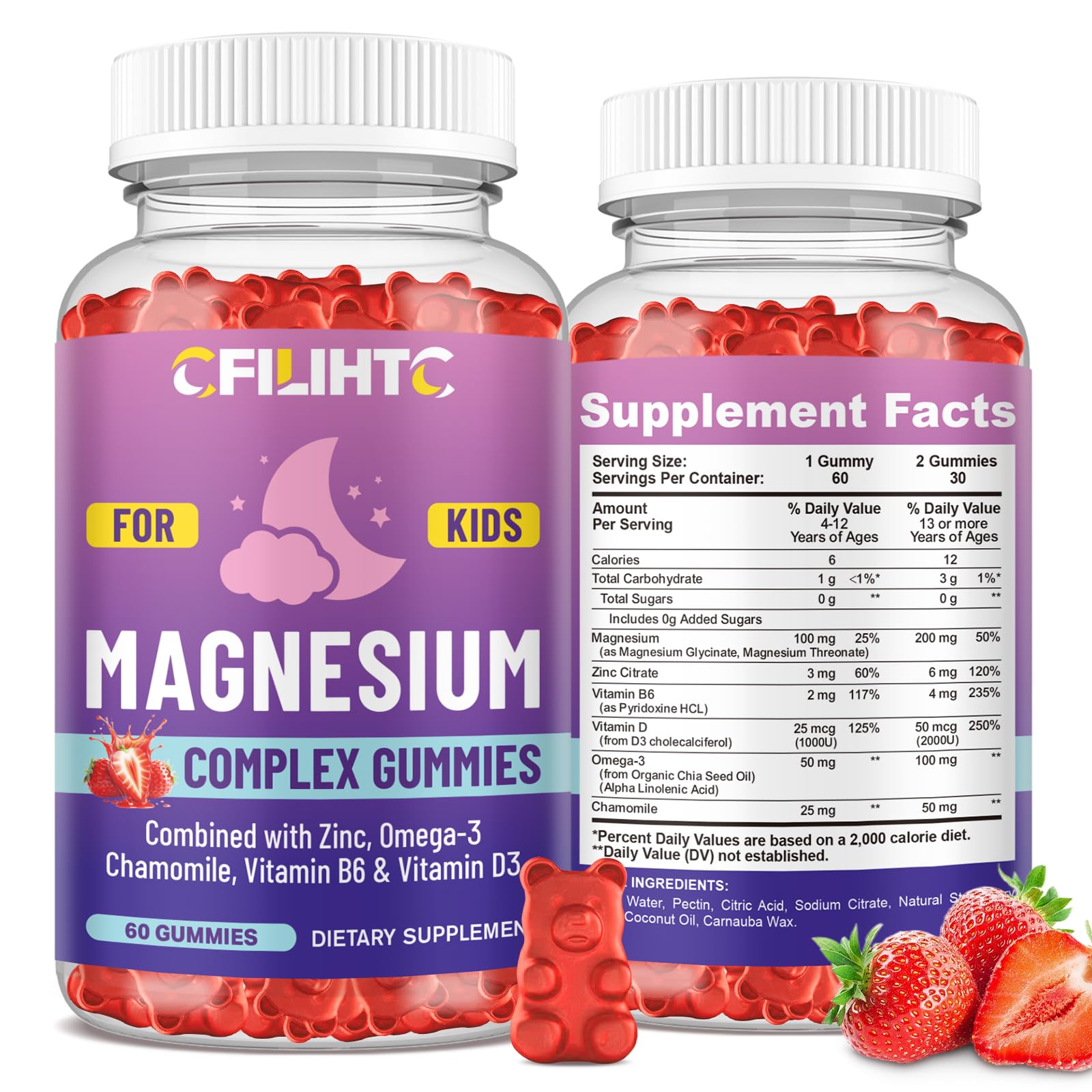 Kids Magnesium Gummies-Magnesium Glycinate Gummies for Kids Supplement-w/Zinc, Chamomile, Omega-3, Vitamin B6, D3 - for Sleep, Relaxation, Brain, Bones, Children's Calm, Sugar Free Strawberry 60ct - TrustMedUSA
