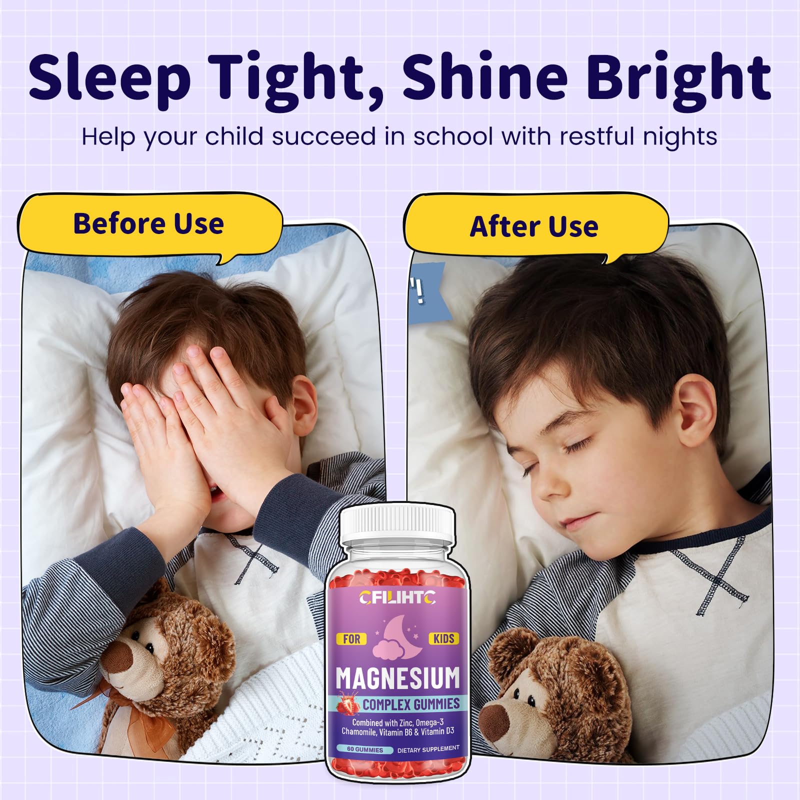 Kids Magnesium Gummies-Magnesium Glycinate Gummies for Kids Supplement-w/Zinc, Chamomile, Omega-3, Vitamin B6, D3 - for Sleep, Relaxation, Brain, Bones, Children's Calm, Sugar Free Strawberry 60ct - TrustMedUSA