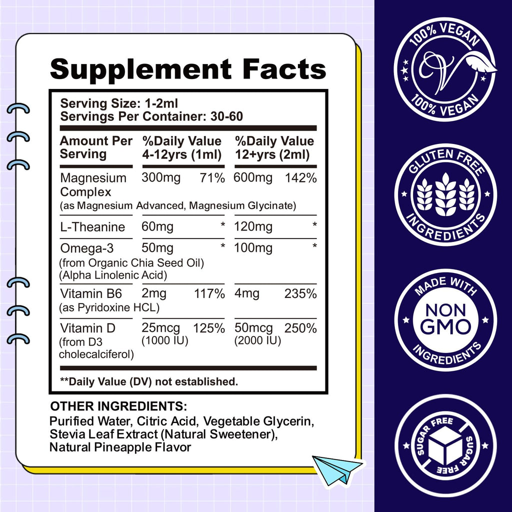 Kids Magnesium Liquid Drops-Magnesium Glycinate Liquid for Kids Supplement-w/L-theanine, Omega-3, Vitamin B6, D3 - for Sleep, Relaxation, Brain, Bones - 4 Fl Oz Children's Calm - TrustMedUSA
