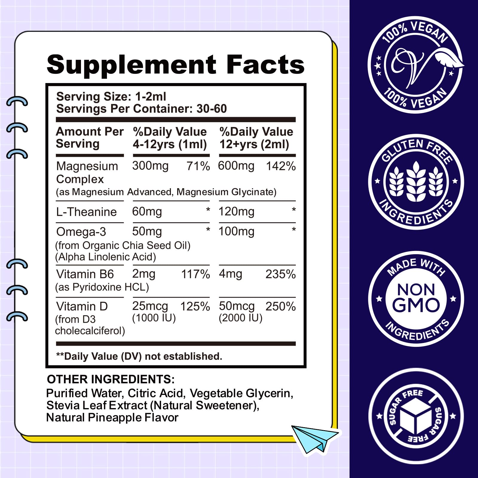 Kids Magnesium Liquid Drops-Magnesium Glycinate Liquid for Kids Supplement-w/L-theanine, Omega-3, Vitamin B6, D3 - for Sleep, Relaxation, Brain, Bones - 4 Fl Oz Children's Calm - TrustMedUSA