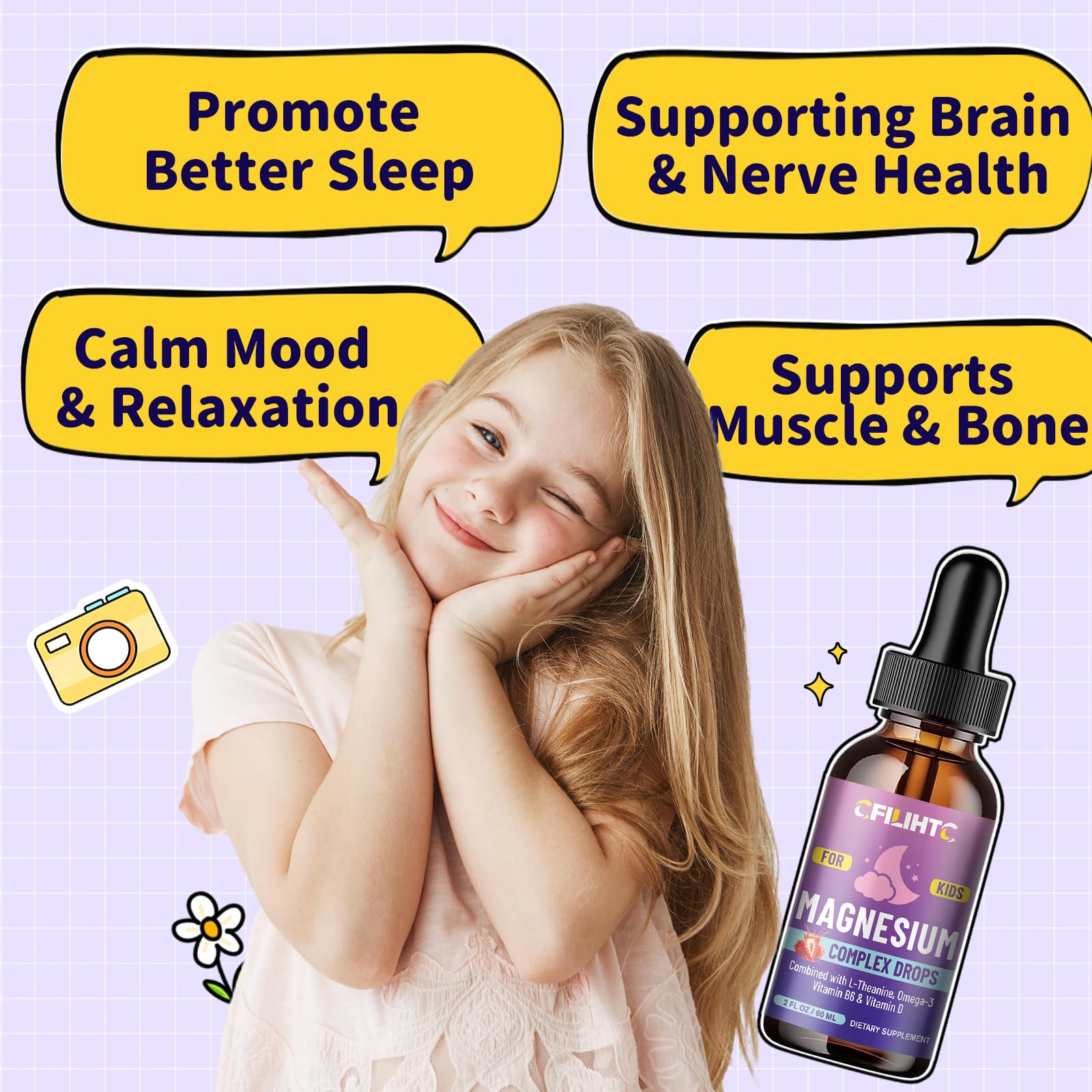 Kids Magnesium Liquid Drops-Magnesium Glycinate Liquid for Kids Supplement-w/L-theanine, Omega-3, Vitamin B6, D3 - for Sleep, Relaxation, Brain, Bones - 4 Fl Oz Children's Calm - TrustMedUSA