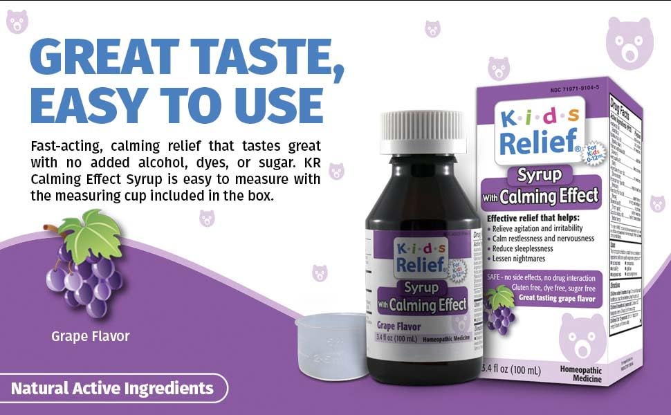 Kids Relief Syrup with Calming Effect, for Kids 0-12 Yrs, Grape Flavor, Gluten and Dye Free, No Added Sugar, 3.4 oz - TrustMedUSA