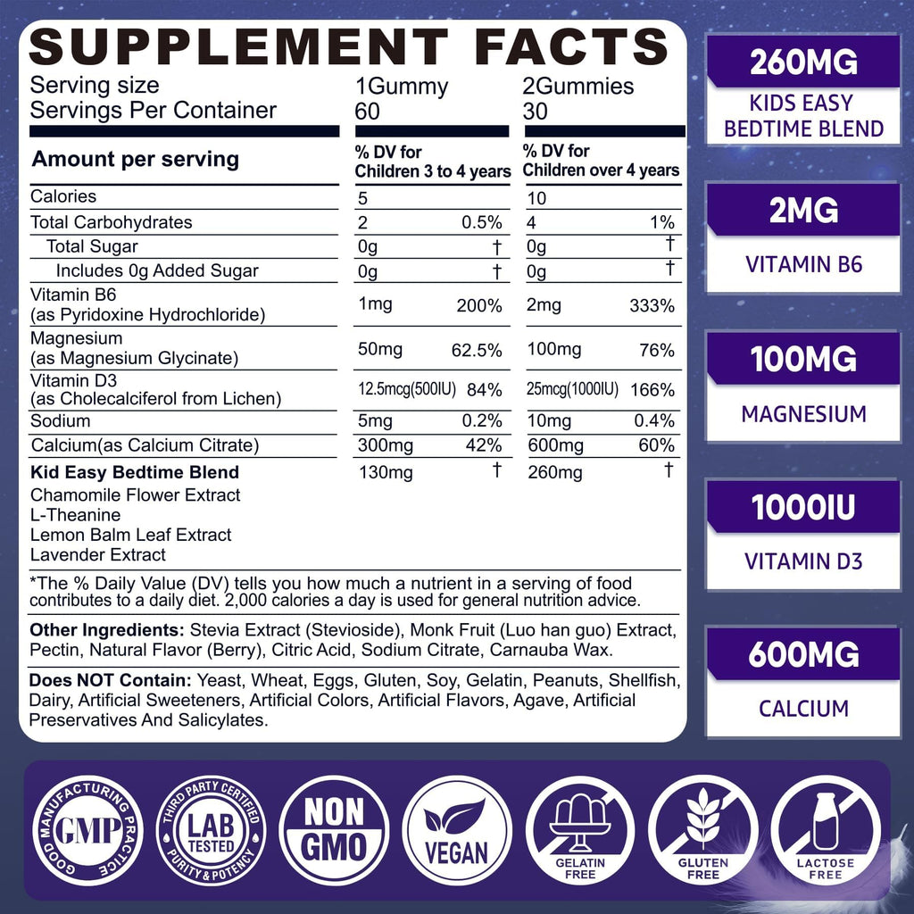Kids Sleep Gummies - Magnesium Glycinate Gummies, Melatonin Free Sleep Aid | Magnesium, Calcium, D3, B6, L Theanine - TrustMedUSA
