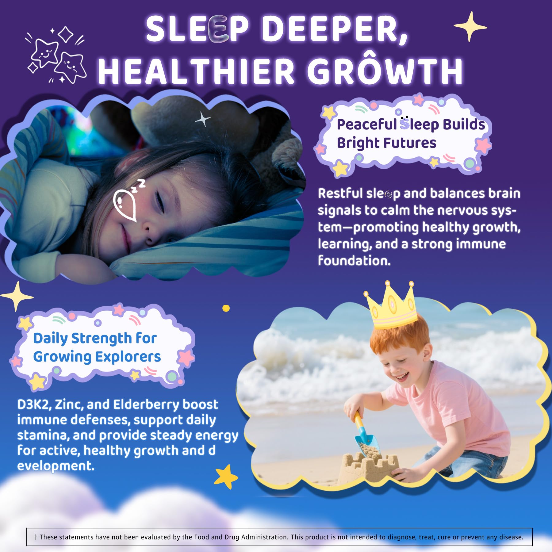 Kids Sleep Gummies, NO Melatonin Sleep Aid Gummies w/ Magnesium Glycinate, Magnesium Malate, L-Theanine, Lavender, B6, Zinc, D3K2 for Restful Sleep, Relax Brain & Muscle, Immune Support, Non-GMO 1Pack - TrustMedUSA
