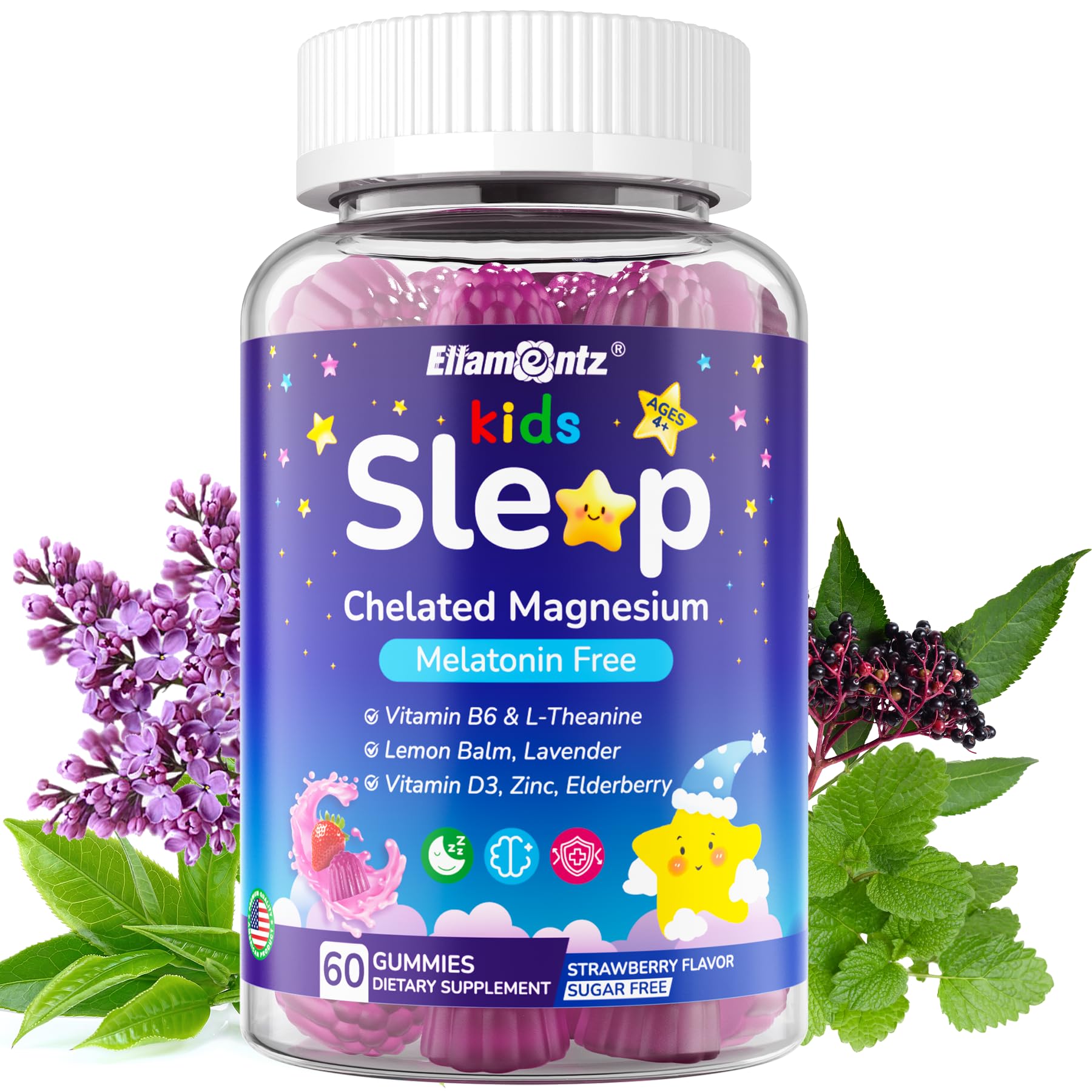 Kids Sleep Gummies, NO Melatonin Sleep Aid Gummies w/ Magnesium Glycinate, Magnesium Malate, L-Theanine, Lavender, B6, Zinc, D3K2 for Restful Sleep, Relax Brain & Muscle, Immune Support, Non-GMO 1Pack - TrustMedUSA