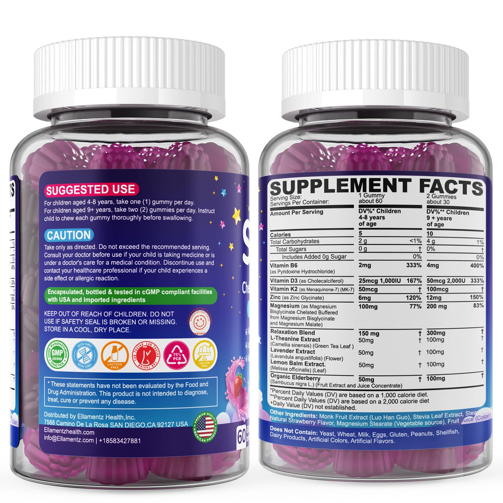 Kids Sleep Gummies, NO Melatonin Sleep Aid Gummies w/ Magnesium Glycinate, Magnesium Malate, L-Theanine, Lavender, B6, Zinc, D3K2 for Restful Sleep, Relax Brain & Muscle, Immune Support, Non-GMO 1Pack - TrustMedUSA