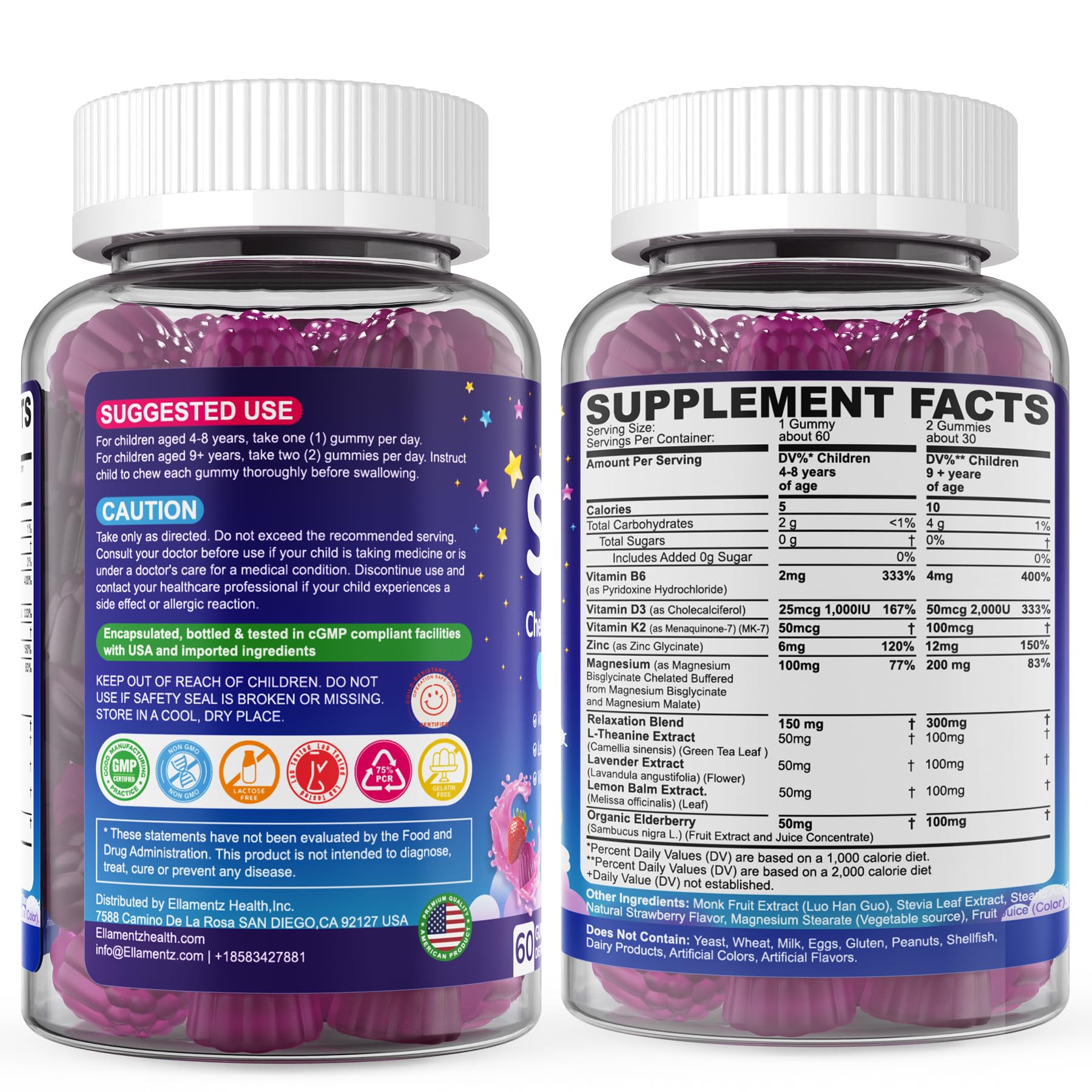 Kids Sleep Gummies, NO Melatonin Sleep Aid Gummies w/ Magnesium Glycinate, Magnesium Malate, L-Theanine, Lavender, B6, Zinc, D3K2 for Restful Sleep, Relax Brain & Muscle, Immune Support, Non-GMO 1Pack - TrustMedUSA