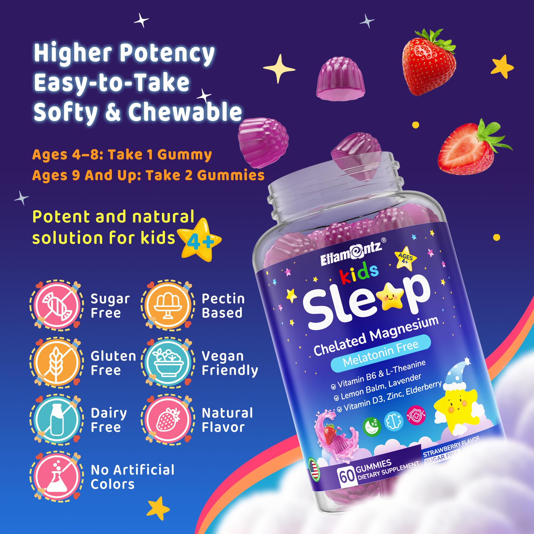 Kids Sleep Gummies, NO Melatonin Sleep Aid Gummies w/ Magnesium Glycinate, Magnesium Malate, L-Theanine, Lavender, B6, Zinc, D3K2 for Restful Sleep, Relax Brain & Muscle, Immune Support, Non-GMO 1Pack - TrustMedUSA