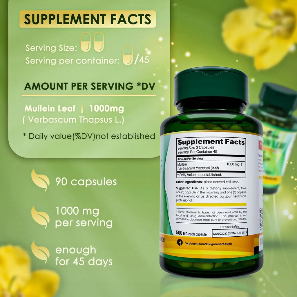 KIKI Green Mullein Leaf Extract Capsules - Herbal Respiratory Supplement - for Lung Cleans - TrustMedUSA