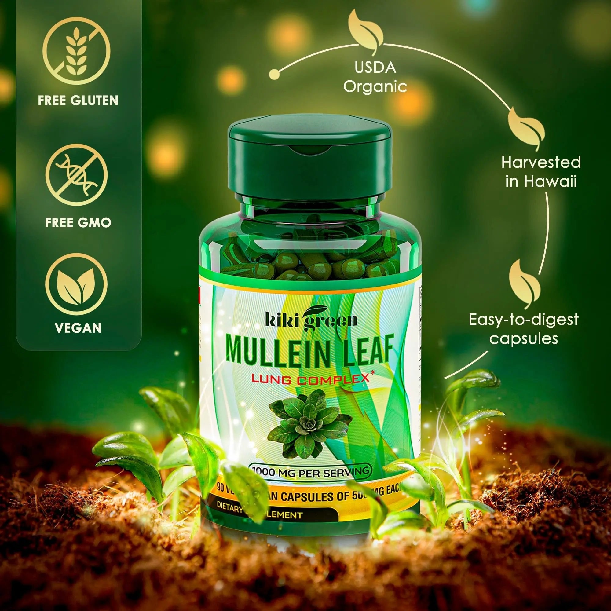 KIKI Green Mullein Leaf Extract Capsules - Herbal Respiratory Supplement - for Lung Cleans - TrustMedUSA