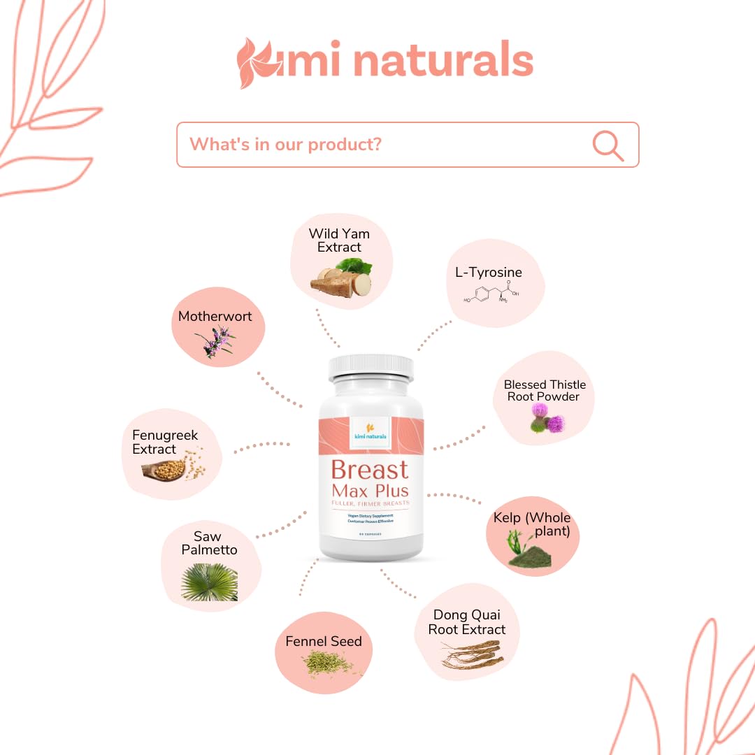 KIMI Naturals Breast Max Plus - Breast Enhancement Pills | Breast Enlargement Supplements with Fenugreek, Breast Growth, Supports Breast Firmness | 90 Capsules - TrustMedUSA