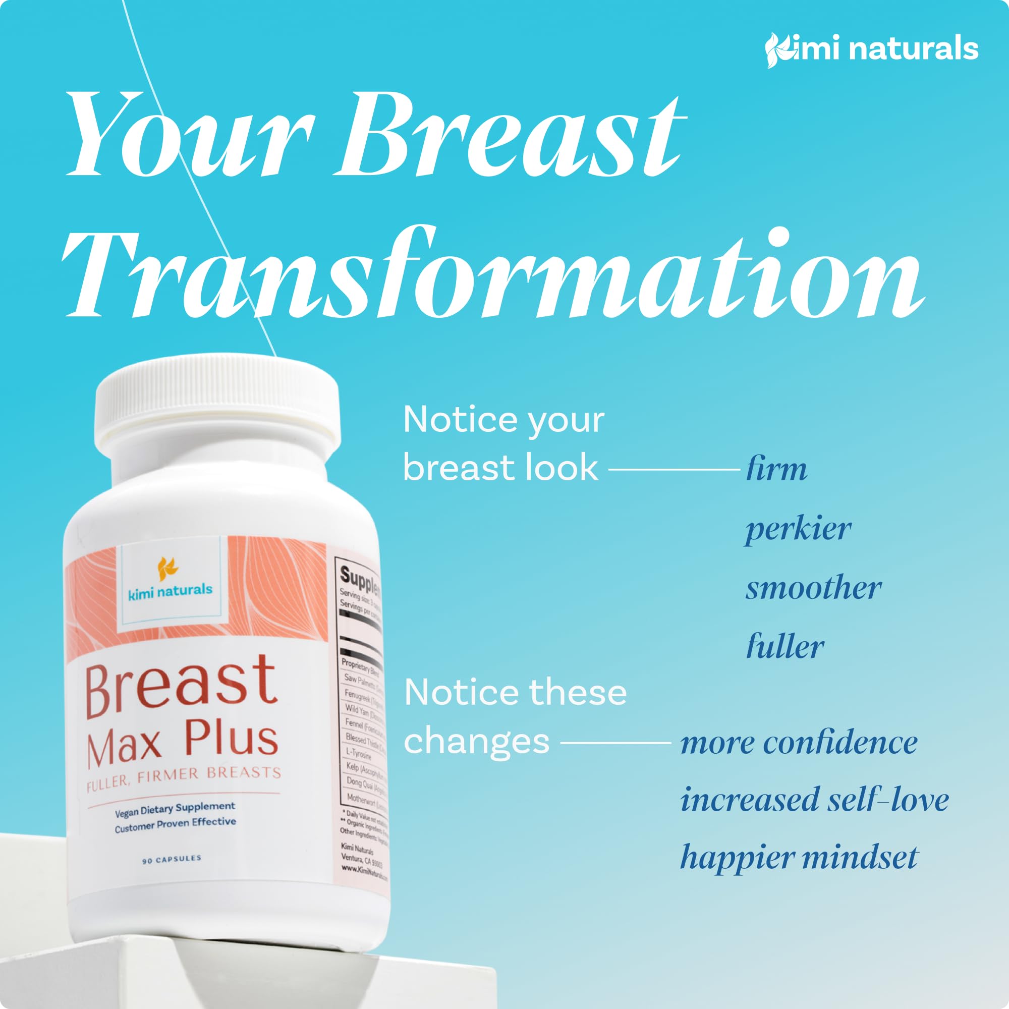 KIMI Naturals Breast Max Plus - Breast Enhancement Pills | Breast Enlargement Supplements with Fenugreek, Breast Growth, Supports Breast Firmness | 90 Capsules - TrustMedUSA