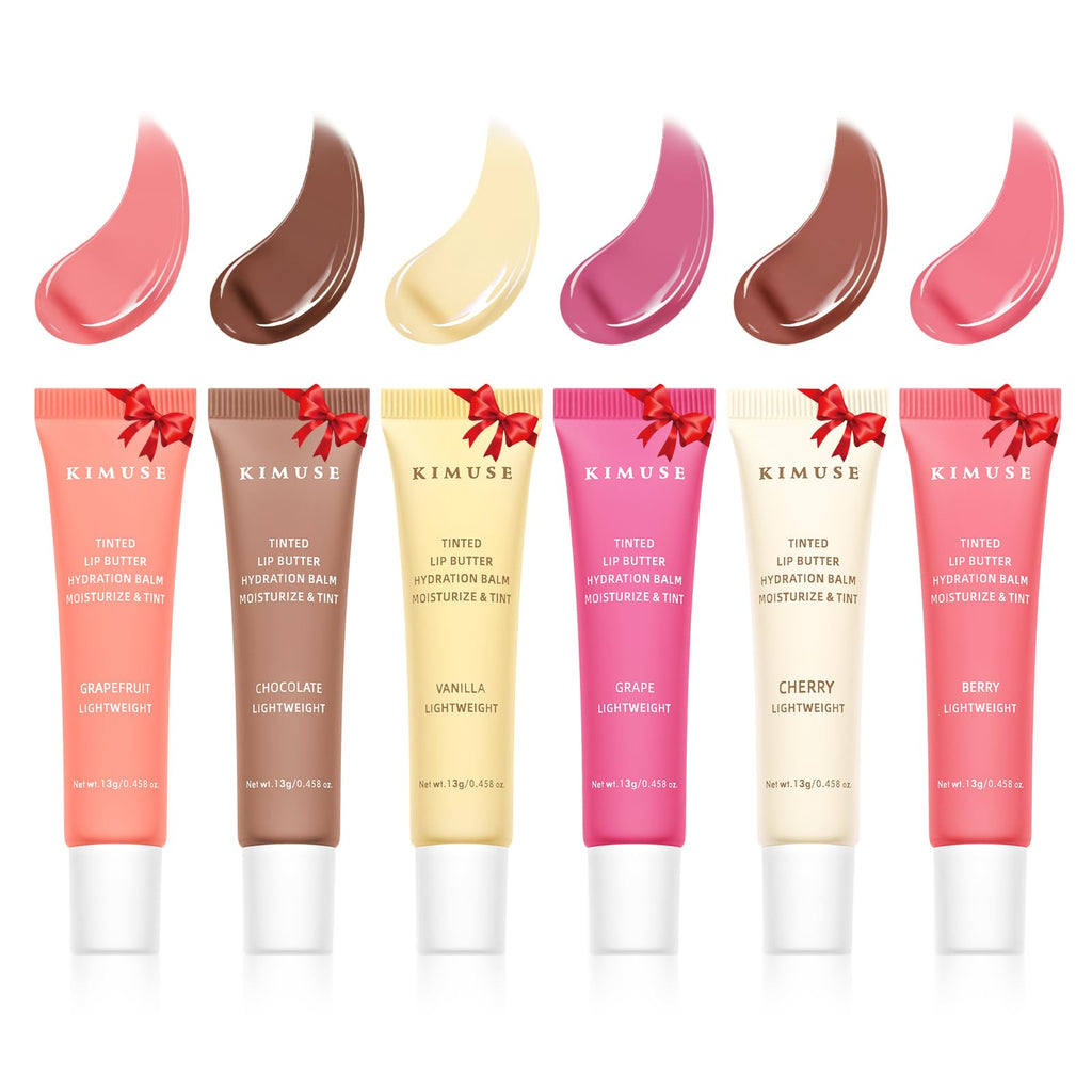KIMUSE 6 Pcs Tinted Lip Butter Hydration Balm Set, 6 Flavored Shades Hydrating Plumping Gloss with Hyaluronic Acid & Vitamin E, Sheer Tint, Non-Sticky | Vegan Lip Care Makeup for Dry Lips & Daily - TrustMedUSA