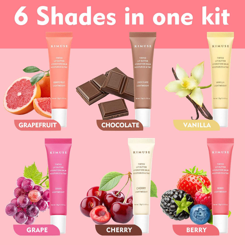 KIMUSE 6 Pcs Tinted Lip Butter Hydration Balm Set, 6 Flavored Shades Hydrating Plumping Gloss with Hyaluronic Acid & Vitamin E, Sheer Tint, Non-Sticky | Vegan Lip Care Makeup for Dry Lips & Daily - TrustMedUSA