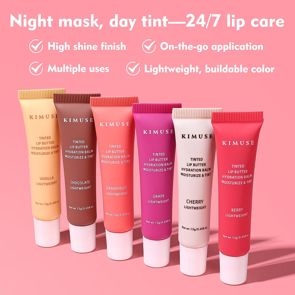 KIMUSE 6 Pcs Tinted Lip Butter Hydration Balm Set, 6 Flavored Shades Hydrating Plumping Gloss with Hyaluronic Acid & Vitamin E, Sheer Tint, Non-Sticky | Vegan Lip Care Makeup for Dry Lips & Daily - TrustMedUSA
