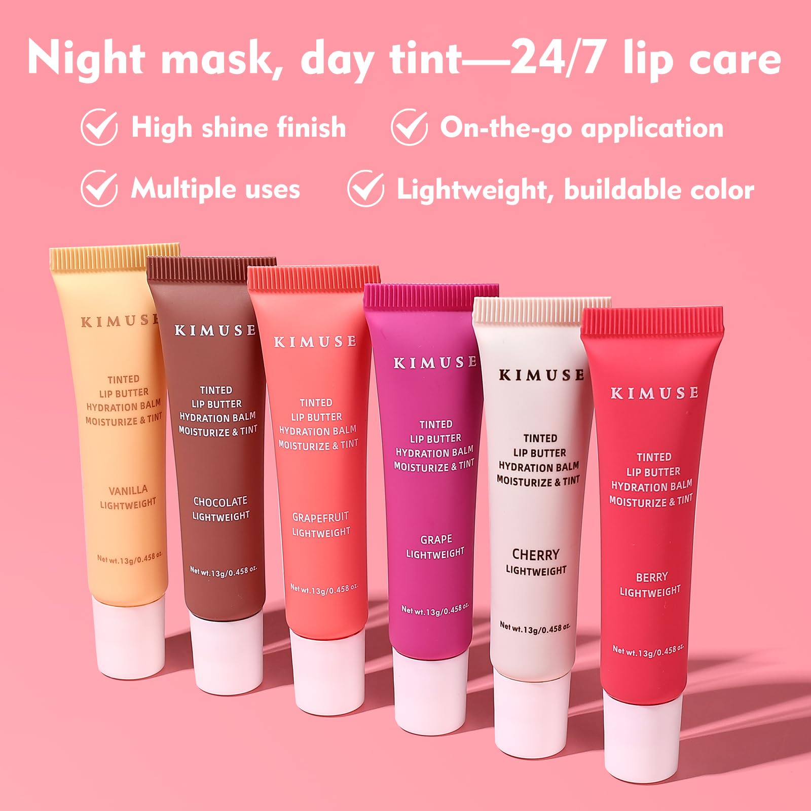 KIMUSE 6 Pcs Tinted Lip Butter Hydration Balm Set, 6 Flavored Shades Hydrating Plumping Gloss with Hyaluronic Acid & Vitamin E, Sheer Tint, Non-Sticky | Vegan Lip Care Makeup for Dry Lips & Daily - TrustMedUSA
