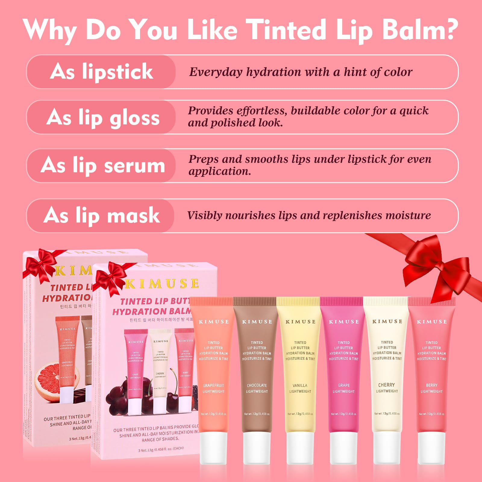 KIMUSE 6 Pcs Tinted Lip Butter Hydration Balm Set, 6 Flavored Shades Hydrating Plumping Gloss with Hyaluronic Acid & Vitamin E, Sheer Tint, Non-Sticky | Vegan Lip Care Makeup for Dry Lips & Daily - TrustMedUSA
